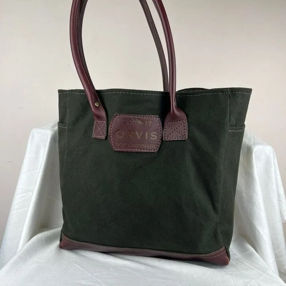 Orvis Not Ordinary 2017 Bag Green Canvas Tote Bag With Burgundy Leather